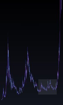 A line graph on a black background showing a volatile downward price trend with sharp peaks and a highlighted gray section indicating a specific timeframe.
