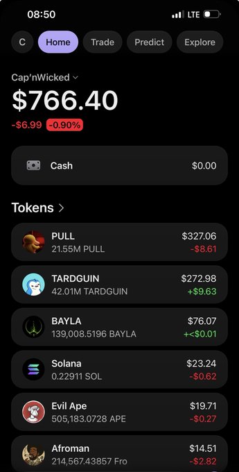 A mobile app screenshot showing a crypto portfolio with total value '$766.40' (down -$6.99, -0.90%) under username 'Cap'nWicked', listing tokens including PULL ($327.06), TARDGUIN ($272.98), BAYLA ($76.07), Solana ($23.24), Evil Ape ($19.71), and Afroman ($14.51).