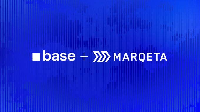 The image displays a blue background featuring a world map graphic with the logos and text "base + MARQETA" prominently in white. This visual represents the partnership between Base and Marqeta, supporting the post's message about Base becoming the default onchain settlement layer for enterprises like Marqeta, emphasizing the collaboration's focus on fast, secure, and low-cost transactions.