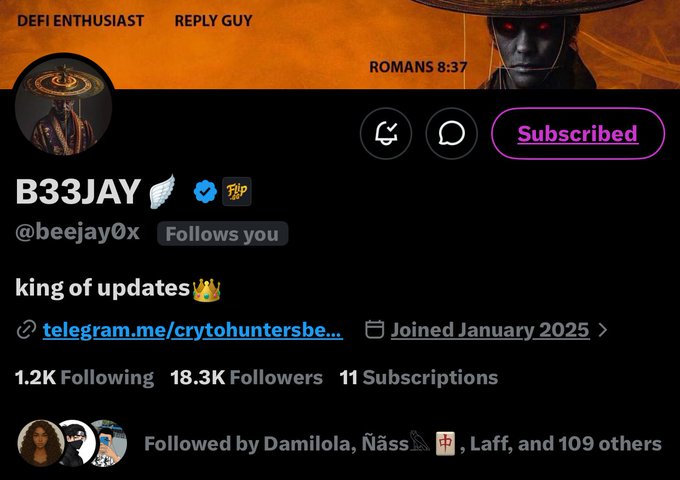 A Twitter/X profile for "B33JAY" (@beejay0x) shows a "Subscribed" button, 18.3K Followers, and the tagline "king of updates 👑" alongside a Telegram link to cryptohuntersbe. The image supports the post by showing that despite the user being already subscribed, they still see value in encouraging others to follow this DeFi-focused account with 11 active subscriptions.