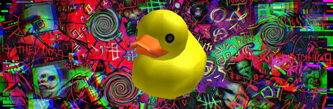 A yellow rubber duck sits center stage against a chaotic, neon-colored glitch-art background filled with skulls, spirals, and cryptic text like "THE RAPTURE" and "WINDS." The image humorously pairs the innocent, absurd duck with the post's critique of the $Epik meme coin, suggesting that a project with only 40k market cap pretending to be a 1 million-dollar coin is as ridiculous as taking a rubber duck seriously in crypto.