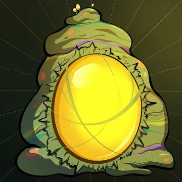 A glowing yellow egg sits cradled within a mound of murky, green, moss-like material with colorful streaks, surrounded by a dark green background with radiating lines. The image visually represents the "Plague OtherEgg" described in the post, showing the egg emerging from the "Pool of Benediction" that is central to the plagued creatures' rituals.