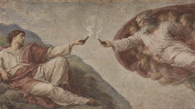A classical painting depicts two figures, one seated on land and one surrounded by angels, exchanging smoking cigars.