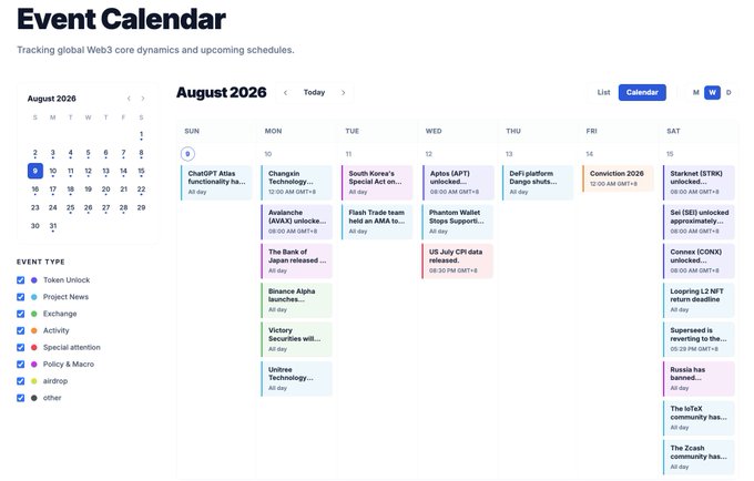 An August 2026 event calendar titled 'Event Calendar' tracking Web3 dynamics with upcoming events like 'Aptos (APT) unlocks,' 'Starknet (STRK) unlocks,' and 'Connext (CONX) unlocked' across various crypto categories.