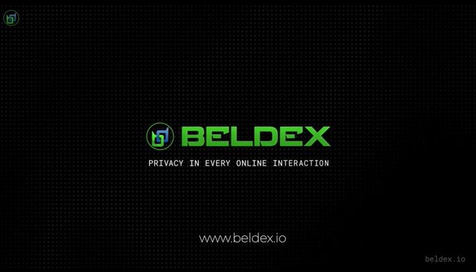 A promotional graphic displays the BELDEX logo in green against a black background, accompanied by the tagline "PRIVACY IN EVERY ONLINE INTERACTION" and the URL www.beldex.io.
