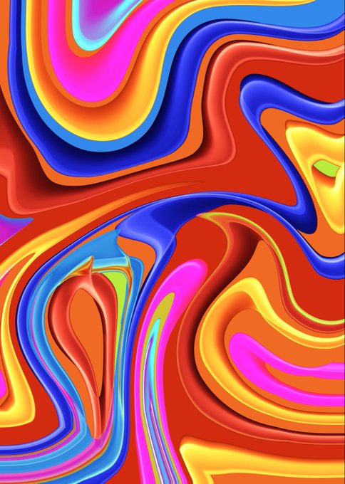 An abstract digital artwork featuring swirling, fluid patterns in vibrant colors including orange, blue, pink, yellow, and green.