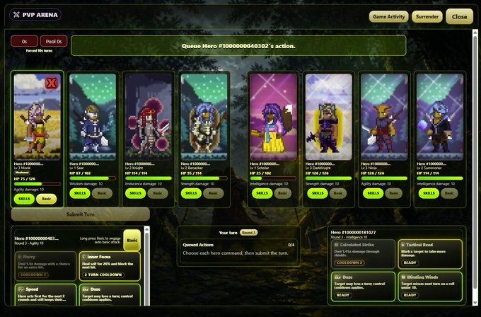 A screenshot of a pixel-art style browser game called "PVP ARENA," displaying a turn-based battle interface with character cards, stats like HP, and action buttons.