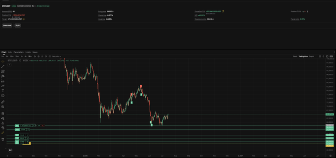 A cryptocurrency trading chart shows Bitcoin (BTCUSD.P) on Coinbase with an account value of approximately $341,069 and unrealized P&L of $346,026.39, featuring price levels marked at 123,453, 121,447, and 117,649, which aligns with the post celebrating a new all-time high and $350,000 in profits on the BTC trade.