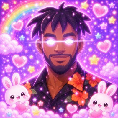 A vibrant digital illustration of a man with glowing purple eyes and dreadlocks, surrounded by floating hearts, stars, a rainbow, and cute bunnies against a pink background.