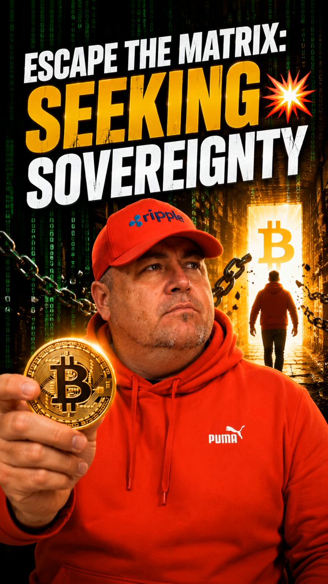 The image features a man dressed in an orange hoodie holding up a Bitcoin logo, with the text "Escape The Matrix - Seeing Sovereignty". This could be interpreted as him trying to escape or evade a particular situation related to Bitcoins or cryptocurrencies in general. The poster may be promoting Bitcoin or aiming to highlight concerns about the cryptocurrency market, such as regulatory changes or market manipulation by certain parties.