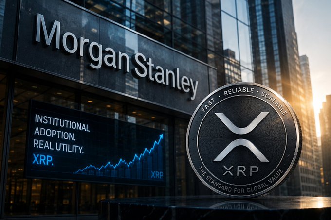 The image features a large building with the Morgan Stanley logo on its facade, along with an advertisement for the XRP cryptocurrency. The XRP coin is prominently displayed in front of the building, sitting on top of a table or countertop. The text in the image reads "Morgan Stanley quietly adds XRP ETF exposure in latest SEC filing, another Wall Street giant stepping into Ripple-linked products Slowly, but clearly, XRP is being absorbed into traditional finance rails". This suggests that Morgan Stanley has recently added XRP to its investment portfolio and is actively participating in the cryptocurrency market.