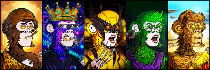 Five stylized digital artworks featuring monkey characters in various costumes and personas—including a pilot, king with sunglasses, Wolverine-inspired figure, Joker-like villain, and golden statue—representing the custom 1/1 NFT pieces awarded to the first 10 wallets that claimed THE ASCENDED role with 50+ Primals.