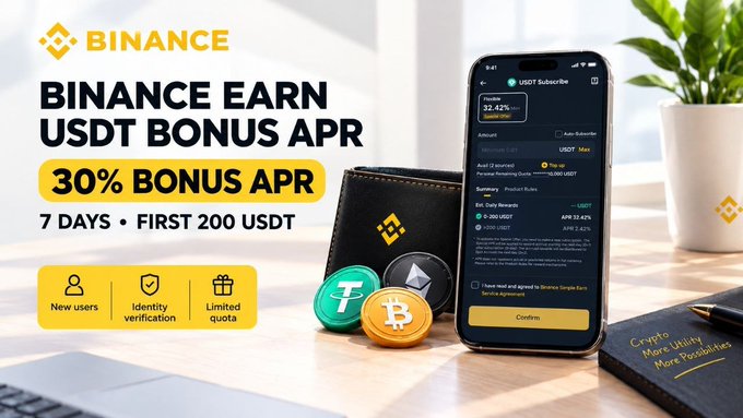 The image advertises a Binance Earn promotion offering a 30% Bonus APR on USDT for 7 days for new users' first 200 USDT, complementing the post's details about eligibility requirements (registration after October 8, 2026, identity verification, and a qualifying deposit).

The graphic features the Binance app on a smartphone showing a 32.42% APR rate for USDT subscriptions, alongside physical crypto coins (Tether, Bitcoin, and Ethereum) and a black wallet with the Binance logo on a desk setup.