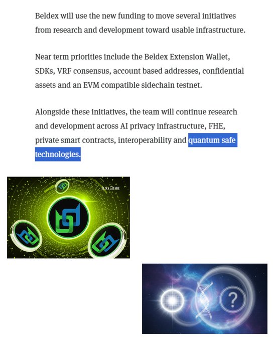 Text describes Beldex's new funding plans for initiatives including the Beldex Extension Wallet, SDKs, VRF consensus, and EVM compatible sidechain testnet, with highlighted text reading 'quantum safe technologies.' Below are graphics of green digital tokens and a quantum-themed image with a DNA helix and question mark.