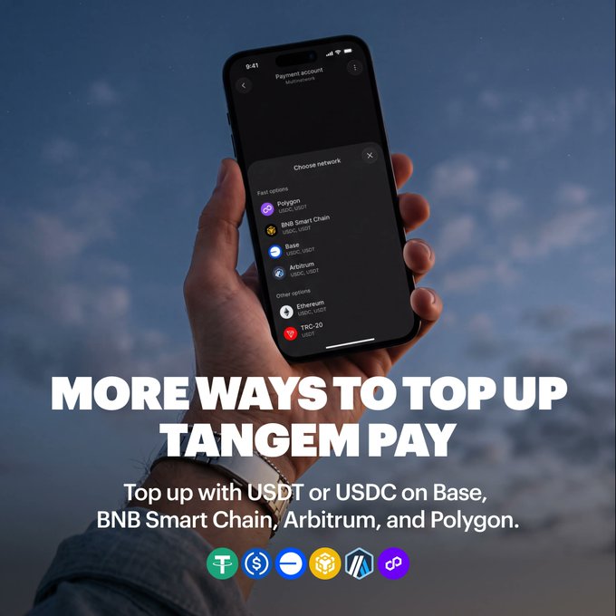 A hand holds a smartphone displaying Tangem's "Payment account" interface with a "Choose network" menu listing fast options (Polygon, BNB Smart Chain, Base, Arbitrum) and other options (Ethereum, TRC-20) for USDT/USDC top-ups, set against a sky background, with bold text reading "MORE WAYS TO TOP UP TANGEM PAY" and supporting copy "Top up with USDT or USDC on Base, BNB Smart Chain, Arbitrum, and Polygon," visually reinforcing the announcement that Tangem Pay now supports USDT (in addition to USDC) for funding across multiple blockchain networks.