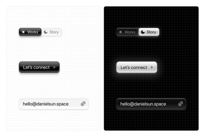 A dark and light mode UI design mockup showing toggle buttons for 'Works' and 'Story', a 'Let's connect' button, and an email field displaying 'hello@danielsun.space'.