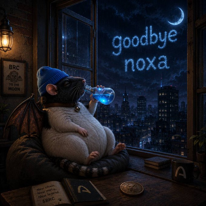 A fantasy illustration of a chubby rat with bat wings wearing a blue beanie, sitting on a beanbag and drinking a glowing blue potion. The text 'goodbye noxa' is written in the night sky above a cityscape, and a BRC token coin sits on the table alongside a book with text 'New chain. New meta. New legend. $BRC'.