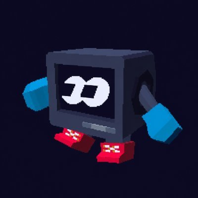 A pixel-art style character resembles a dark grey television set with a stylized white face on the screen, blue arms, and red blocky feet against a dark background.