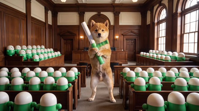 A Shiba Inu dog dressed as a lawyer stands in a grand courtroom holding a rolled-up document, surrounded by rows of green and white egg-like figures serving as the jury and audience. The whimsical scene playfully reinforces the post's courtroom-themed argument, positioning $BATON as the winning verdict after $PUMP allegedly missed its chance to rally past $900M.