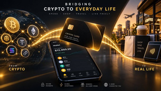 A promotional image for a cryptocurrency card with the tagline 'BRIDGING CRYPTO TO EVERYDAY LIFE', showing a digital wallet interface with a $12,450.20 balance and various crypto coin logos.