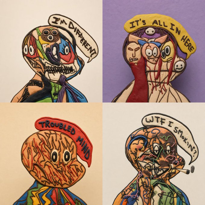 A four-panel grid of colorful, surreal illustrations featuring distorted figures with speech bubbles reading "I'M DIFFERENT", "IT'S ALL IN HERE", "TROUBLED MIND", and "WTF I SMOKIN?"