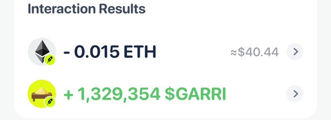 A screenshot of an Interaction Results panel showing a transaction of -0.015 ETH (≈$40.44) and a receipt of +1,329,354 $GARRI tokens.