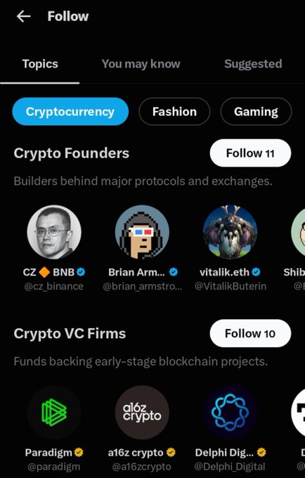 A mobile app 'Follow' screen showing cryptocurrency topic categories, including 'Crypto Founders' featuring CZ (BNB), Brian Armstrong, Vitalik Buterin, and Shib, along with 'Crypto VC Firms' like Paradigm, a16z crypto, and Delphi Digital.