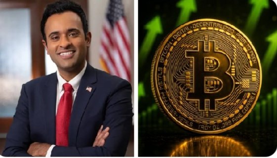 The image is a collage of two photos featuring a man wearing a suit, standing next to an inset gold coin that has the letters "B" on it. The man is smiling at the camera, while the coin is placed behind him. Above these elements, there is text in white against a green background reading: "JUST IN: Vivek Ramaswamy-backed Strive is reportedly estimated to have acquired ~2, helicopters worth $199 million through its SATA preferred stock program ... Institutional Bitcoin accumulation is accelerating." The images are related to the post as they both focus on the same concept of Bitcoins.