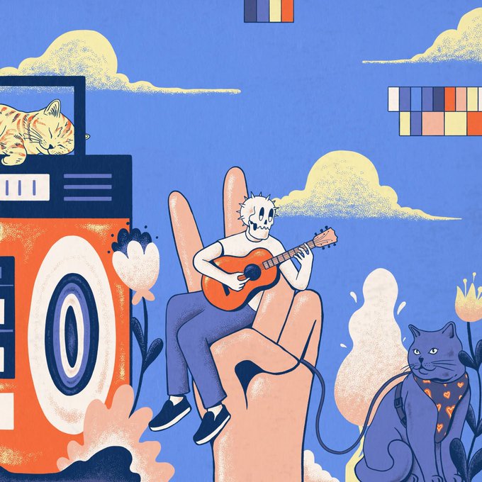 The image features a cartoon illustration of a man playing an orange guitar while sitting on his hand, with a cat nearby. The background includes a blue sky with clouds and a radio tower. The caption for the image reads "“Whispers betweend clouds” Eds of 10 on @transient transient.xyz/mint/whispers- ...".