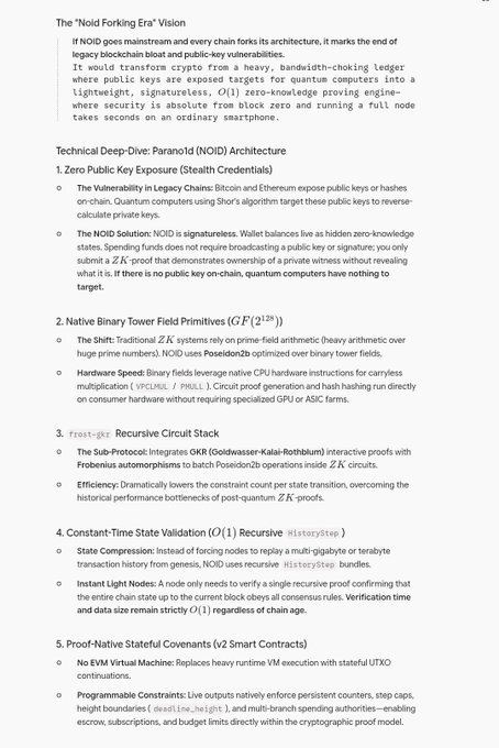 A document titled 'The Noid Forking Era Vision' detailing a 'Paranoid (NOID) Architecture' with technical deep-dives on zero-knowledge proofs, binary tower fields, and proof-native smart contracts.
