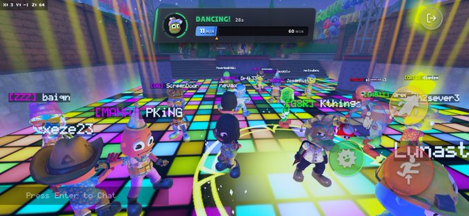 A screenshot from a multiplayer game showing cartoon avatars dancing on a colorful grid floor, with a 'DANCING!' timer displayed at the top.