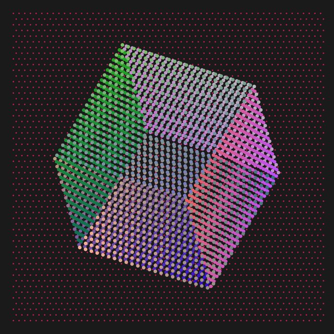 A colorful 3D cube made of small dots rendered against a black background with a faint red grid pattern.