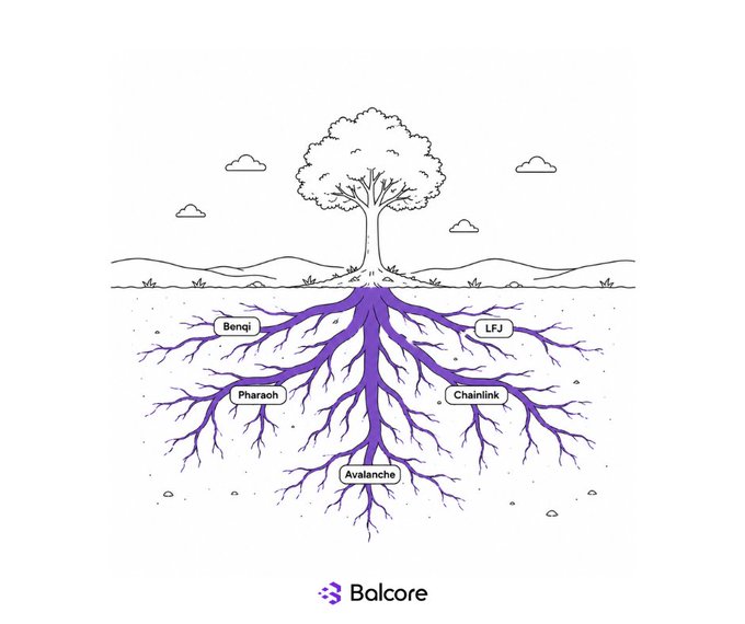 An illustration of a tree with purple roots labeled with blockchain networks including Benqi, Pharos, Chainlink, LFJ, and Avalanche, branded with Balcore.