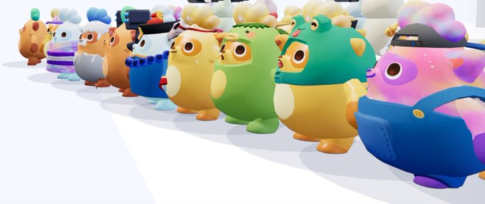 A 3D rendered lineup of colorful, cartoonish axolotl-like characters in various costumes arranged in a row.