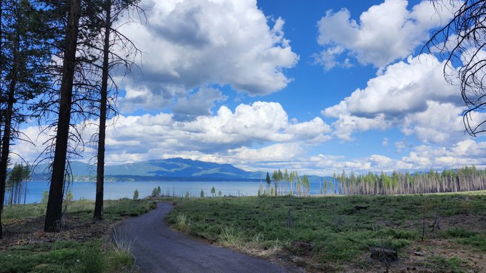 A scenic landscape view of a large blue lake surrounded by pine forests and distant mountains, with a dirt path leading through grassy terrain under a partly cloudy sky.