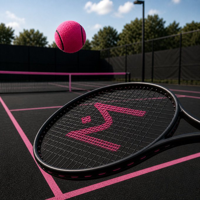 A vibrant pink tennis ball soars above a sleek black racket branded with a glowing pink "R" logo on a black court with hot pink lines. The bold, high-energy scene visually echoes the post's "Serving RWAs onchain." message, using the dynamic act of serving to symbolize the active launching and distribution of real-world assets onto the blockchain.