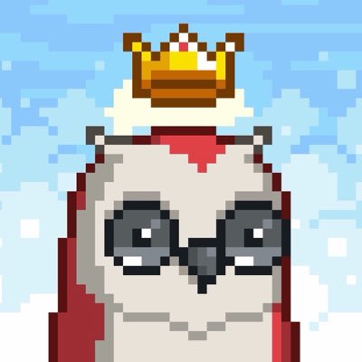 Pixel art illustration of a white owl wearing a red cloak and a golden crown against a blue sky.
