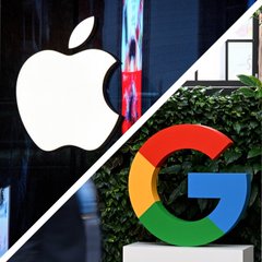 A graphic showing the Apple and Google logos divided diagonally, representing a comparison or relationship between the two tech companies.