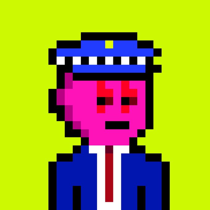 A pixel art illustration of a pink-skinned character with red markings around the eyes, wearing a blue police hat and suit with a red tie, set against a bright yellow-green background.
