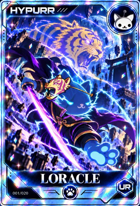 A holographic NFT trading card titled "LORACLE" (numbered 001/020, UR rarity) from the "HYPURR" collection, featuring an anthropomorphic fox warrior wielding a glowing sword with a spectral tiger spirit looming behind him—matching the post announcing the opening of the Hypurr TCG NFT card featuring @loraclexyz.