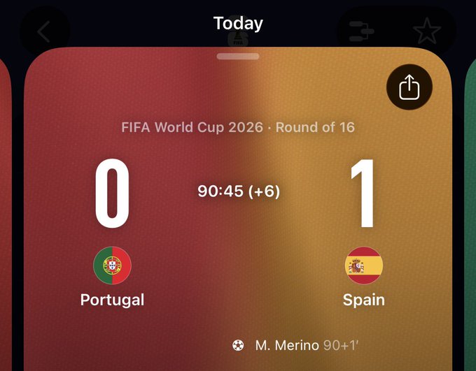 The image shows a FIFA World Cup 2026 Round of 16 match result where Spain defeated Portugal 1-0, with M. Merino scoring in the 90+1' minute. The caption "And there you go" captures the dramatic late-game winner that decided the knockout match.