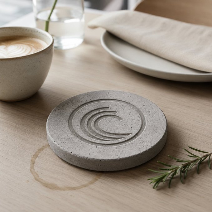 A minimalist still life on a wooden table featuring a cup of latte, a glass of water, a linen napkin on a plate, and a concrete coaster with an embossed circular logo, accompanied by a sprig of rosemary.