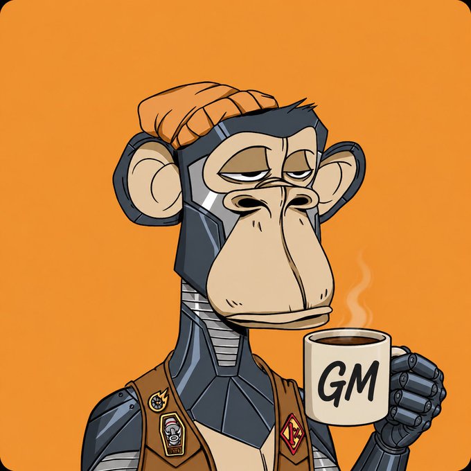 The image features a cartoon monkey holding a coffee cup with a logo of GM on it. The monkey appears to be wearing a helmet, giving it a futuristic appearance. The background of the image is orange, which contrasts nicely with the brown color of the monkey's suit and the white coffee cup. The post reads "Gm Ct It’s a new week and new month, staying bullish on $RIVER and @sleepagotchi Happy new week fam".