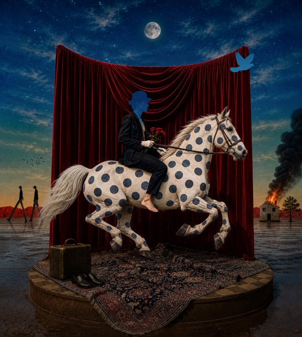 A surreal digital artwork depicts a figure with a blue silhouette head riding a white horse with blue polka dots in front of a red curtain, with a burning house in the background.