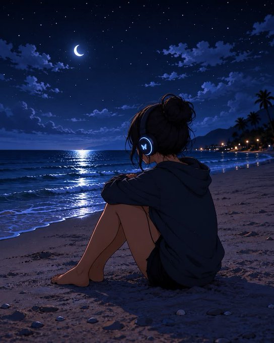 A girl wearing headphones sits alone on a moonlit beach at night, gazing out at the ocean as waves gently roll in. The serene, contemplative scene mirrors the cautious hesitation of first-time traders, with the calm night symbolizing the peace of mind that @NewSightHQ's 5 USDT protection and limited 1,000 spots aim to provide.