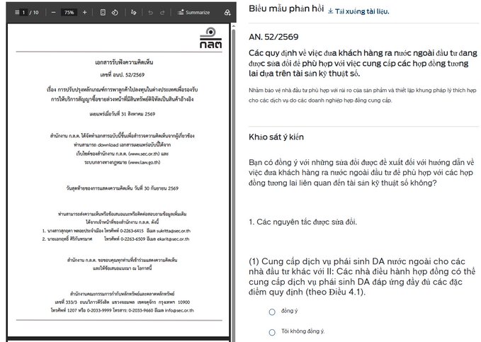 A document viewer showing a Thai NAAC document alongside Vietnamese text about rules for foreign customers downloading contract forms for procurement.