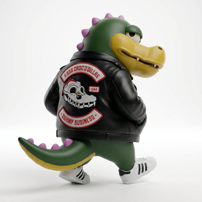 A 3D rendered cartoon crocodile character with green scales and purple spikes wears a black leather biker jacket featuring a 'G.S.S.S CROC'O DILLARS' patch with a crocodile graphic and 'SWAMP BUSINESS' text, paired with white Adidas sneakers.
