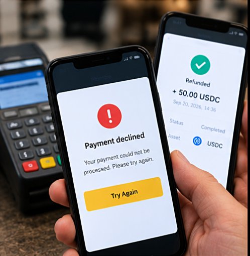 A hand holds two smartphones over a payment terminal—one displays a "Payment declined" error with a red exclamation mark and "Try Again" button, while the other shows a successful "Refunded + 50.00 USDC" transaction completed on Sep 20, 2026. The image illustrates the post's warning about cryptocurrency payment risks, highlighting how crypto transactions (even stablecoins like USDC) can sometimes fail unexpectedly despite their convenience.