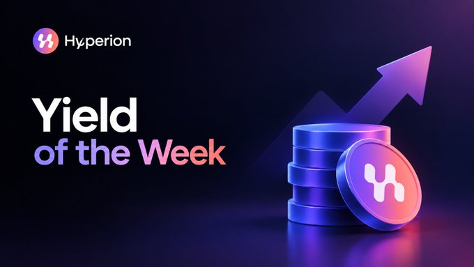 A promotional graphic for Hyperion featuring the text 'Yield of the Week' next to an upward-pointing arrow and a stack of purple and pink cryptocurrency tokens.