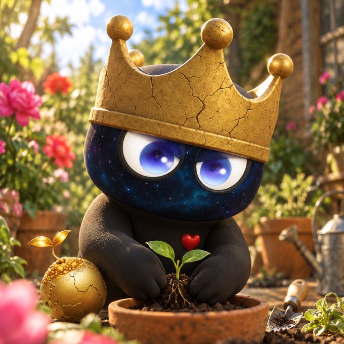 A 3D-rendered dark creature with large blue eyes and a golden crown tends to a small plant sprout in a flowerpot within a garden setting.
